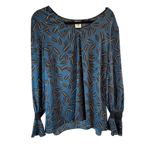 Y2K CAbi Leaf Print Flare Sleeve Blouse XL Blue Peach Sheer Workwear - Picture 3 of 6